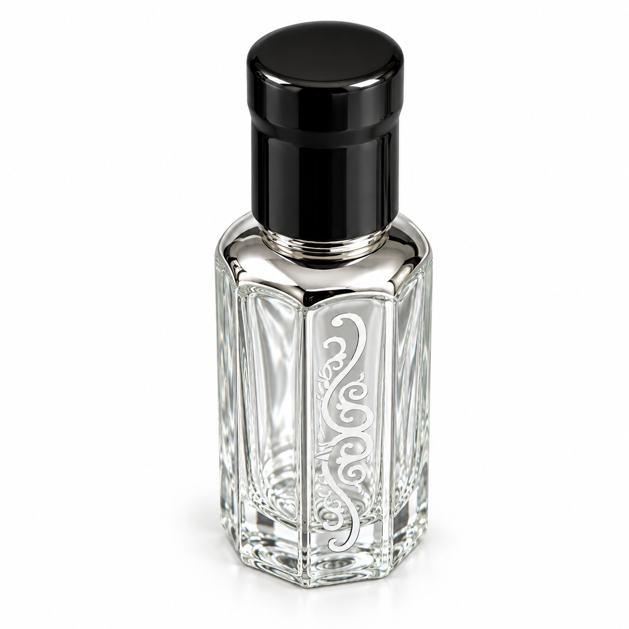 Angled view of faceted 12ml silver print empty perfume oil bottle – Phase Aromatics wholesale UK