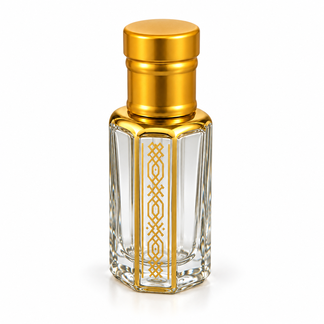 Faceted 12ml gold print D1 empty perfume oil bottle detail – Phase Aromatics wholesale UK