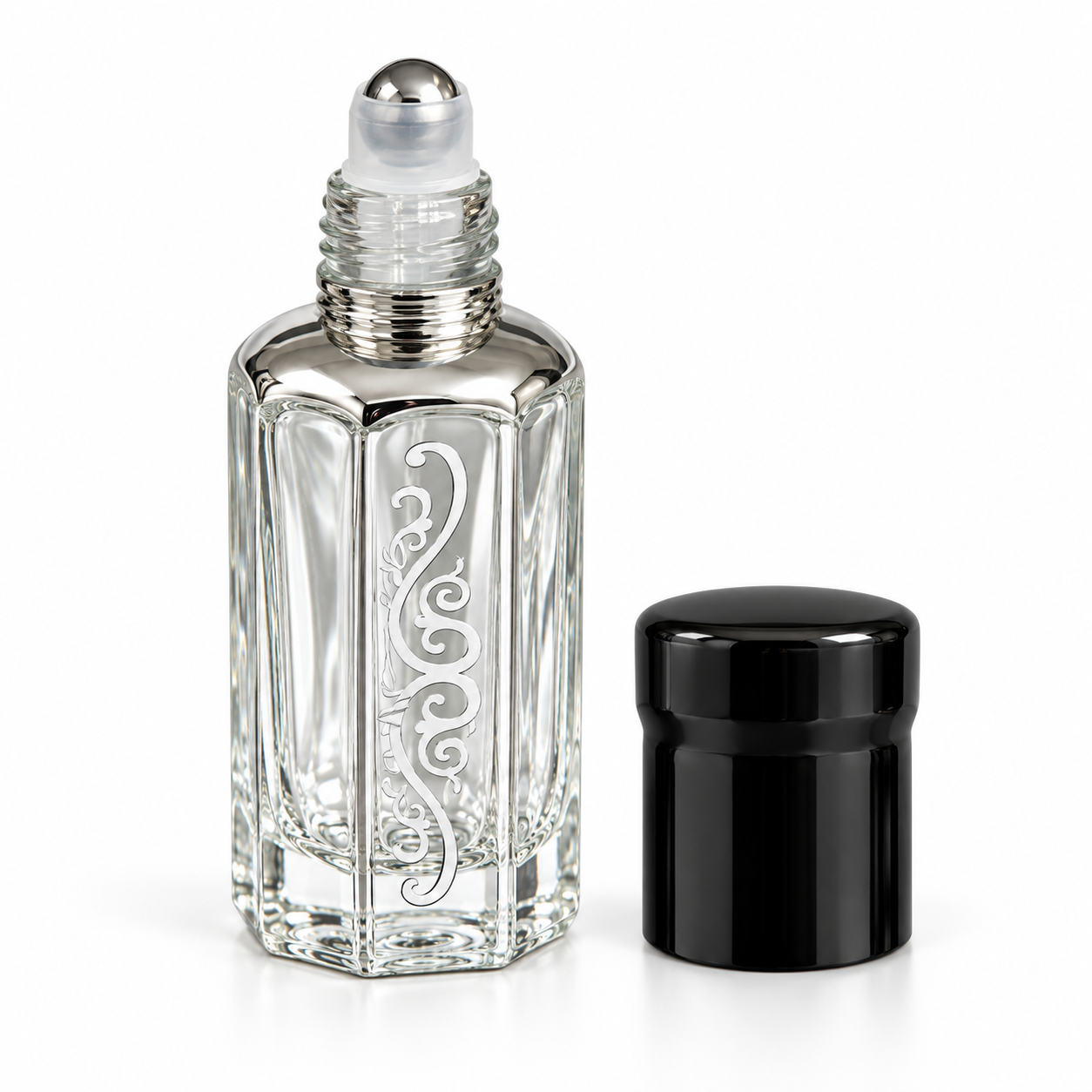 12ml silver print roller bottle with metal rollerball and separate black cap – Phase Aromatics wholesale UK