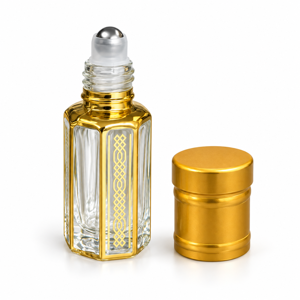 6ml Gold Print D2 glass roller oil bottle with gold cap alongside